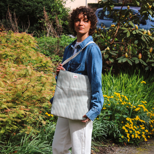 Quilted Market Tote Bag - Cream & Green Stripe