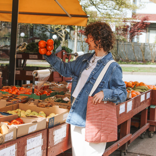 Quilted Market Tote Bag - Red Gingham